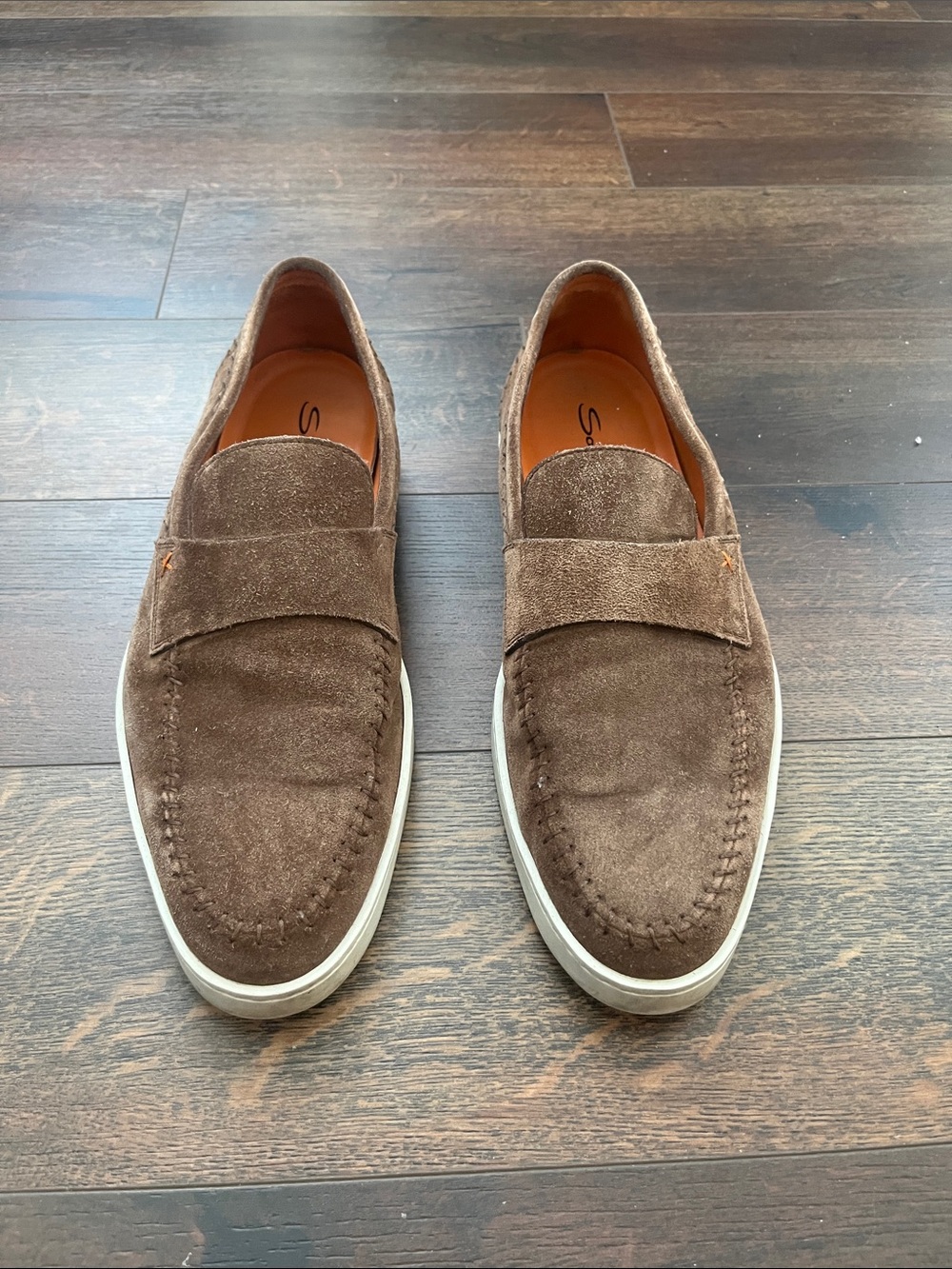 Santoni Brown Suede Slip-On Loafers with White Outsole
